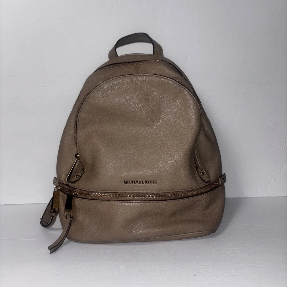 Michael Kors Rhea Zip Small Pebble Leather Backpack Truffle Tan Gold Tone Luxury